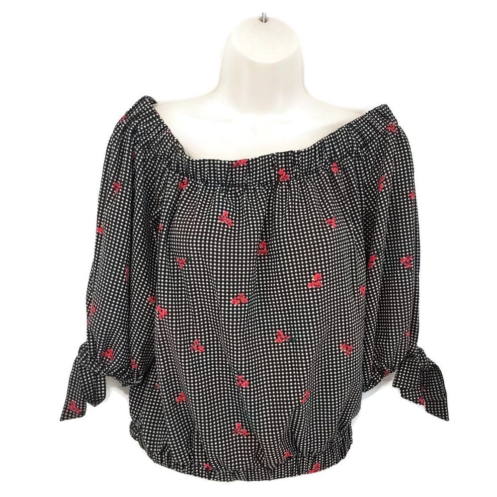 Gingham with Flowers Off the Shoulder Top XL Half Sleeve Blouse Bows Cottagecore